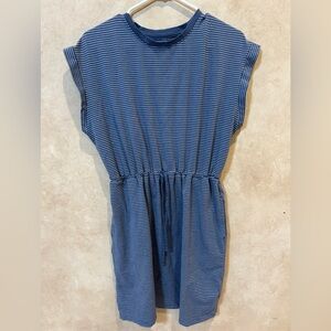 a new day Navy Striped women’s drawstring waist Dress large cap sleeve